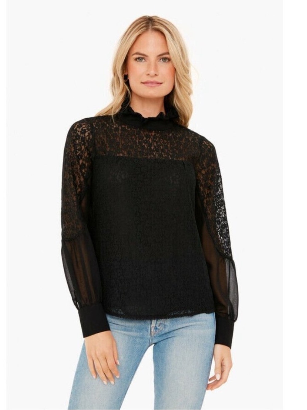 NWT Tuckernuck Women's Rosalee Black Lace Floral High Neck Blouse Top Sz XS